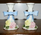 Set of 2 Fitz and Floyd White Basket Weave Spring Flowers Candle Holders — photo 1