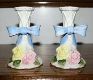 Set of 2 Fitz and Floyd White Basket Weave Spring Flowers Candle Holders