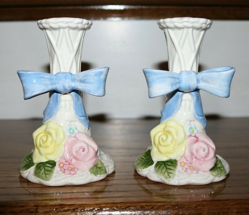 Set of 2 Fitz and Floyd White Basket Weave Spring Flowers Candle Holders