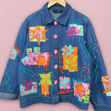 Vintage 90s Life Style Denim Jacket Embroidered Patches Large Funky Hippie Art
