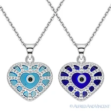 Evil Eye Heart Charm Greek Turkish Nazar Hamsa Kabbalah Pendant Silver Necklace