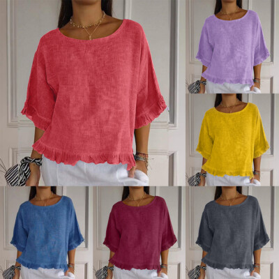 Damen Sommer Rundhals T-Shirt Solide T-Shirt Lose Bluse Kurzarm Vintage Top 