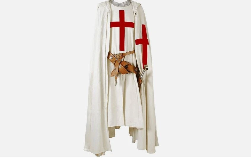 OFF WHITE Costume rinascimentale medievale crociato cavaliere templare tunica e mantello con cappuccio bianco sporco