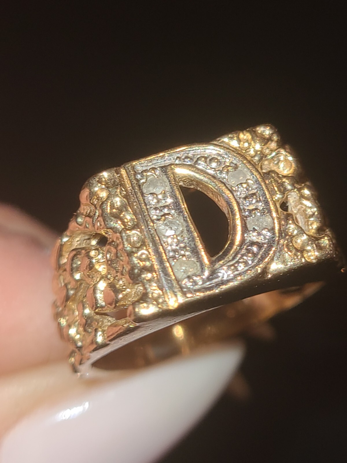 14k Gold Diamond Initial Ring, Solid Gold Nugget … - image 9