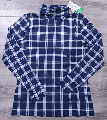 Lands End Turtleneck Shirt Womens Medium 10-12 Blue Plaid Baselayer
