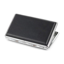 New Plain Black Leather Metal Cigarette Case Holds 14 Cigarettes for 100'S Cigar