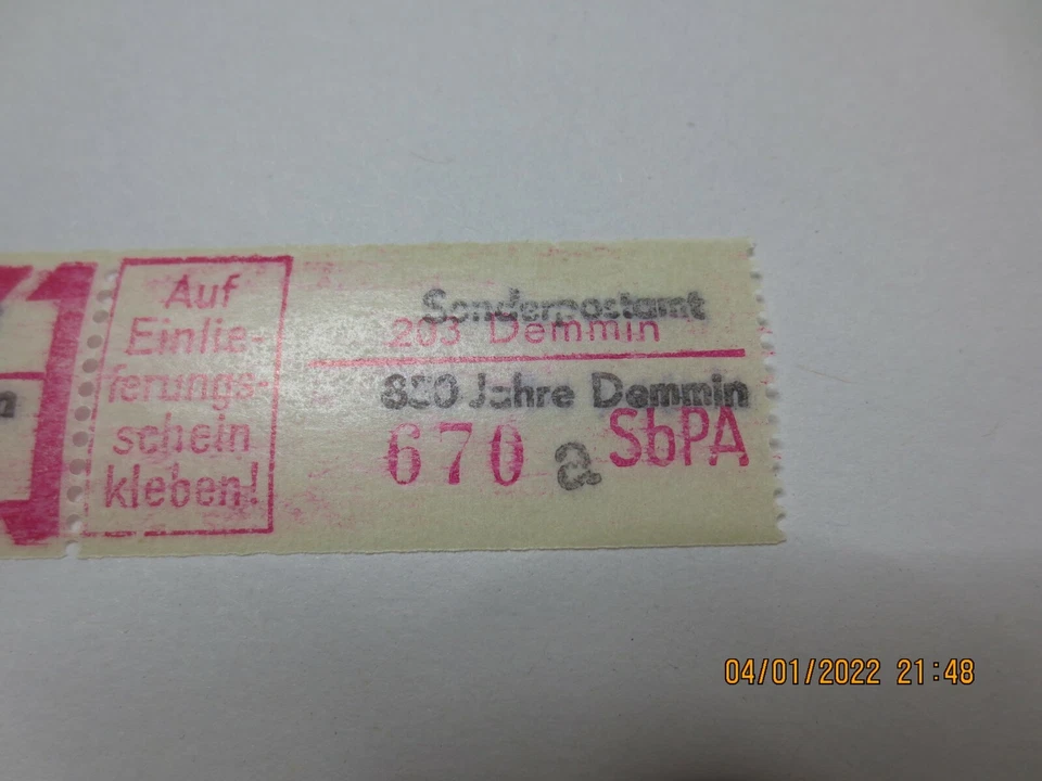 DDR Einschreibemarke SbPA 850 Jahre Demmin postfrisch Kennbuchstabe a - Bild 4 von 4