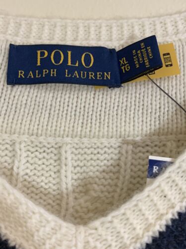 Maglione da cricket nuovo con etichette Polo Ralph Lauren scollo a V maglia con cavi taglia XL Crema $348 - Foto 2 di 6