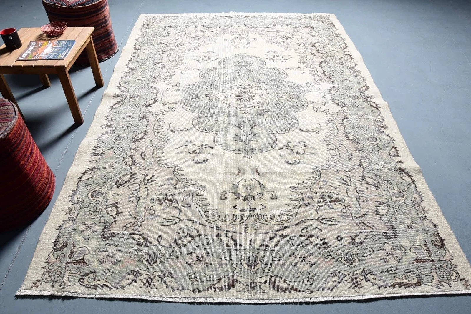 Turkish Rug, 6x8,8 ft Vintage Rug, Beige Brown Ombré Wool Rug