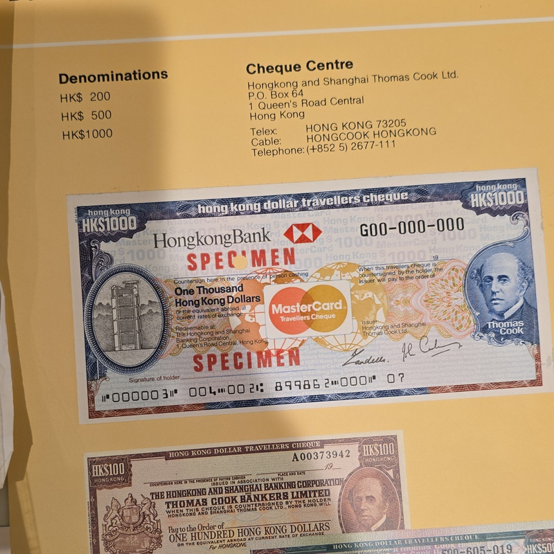 Hong Kong Bank HK$1000 Travellers Cheque SPECIMEN MasterCard Thomas Cook