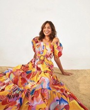 FARM RIO Neon Macaws Puff Sleeve Maxi Dress M Yellow Parrot Print Cotton Belted