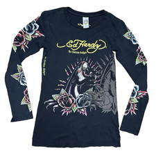 Vintage Y2K Ed Hardy Panther & Roses Long Sleeve Top - Made in USA Small