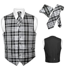 Men's Plaid Design Dress Vest NeckTie Black GRAY White Neck Tie Hanky Set 4XL