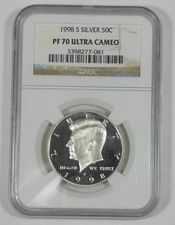 1998-S Kennedy Silver Half Dollar CERTIFIED NGC PROOF 70 ULTRA CAMEO