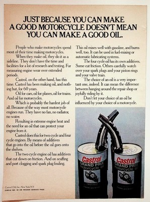 Vintage Castrol Grand Prix Motorcycle Oil Print Ad 1960s Original Magazine Clip