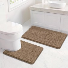2pc U Shaped Chenille Latte Bath Rug Set Non Slip Absorbent Quick Dry Mat