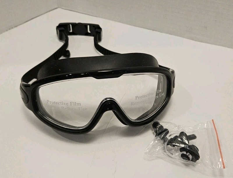 Clear  Swimming Goggles with Black rim and Strap, nose and ear plugs included
