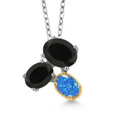 925 Silver and 10K Yellow Gold Onyx and Fancy Blue Zirconia Pendant Necklace
