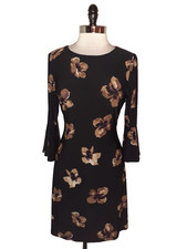 TOMMY HILFIGER Size 10 A-Line Dress Black Brown Floral 3/4 Sleeve Stretch Knit