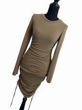 Ruched Drawstring Long Sleeve Crew Neck Bodycon Midi Dress