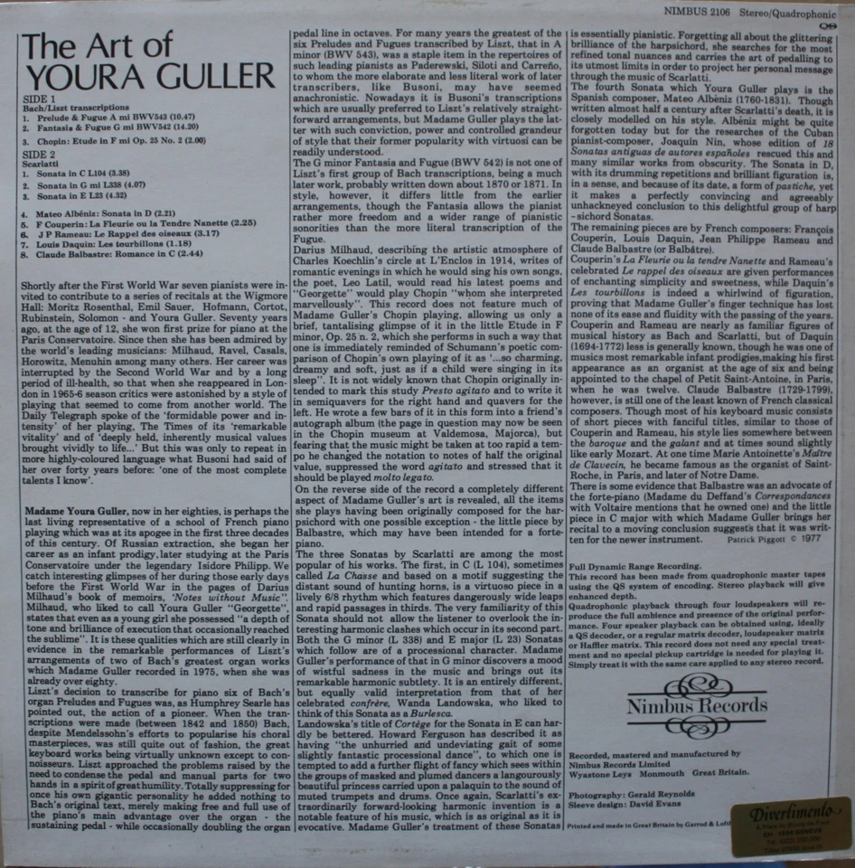 The Art of Youra Guller BACH CHOPIN SCARLATTI Nimbus 2106 LP - Photo 2/2