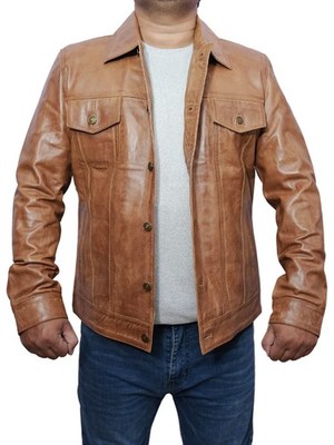 Men's Customized Moto Biker Trucker Bomber Real Lambskin Cognac Leather Jacket
