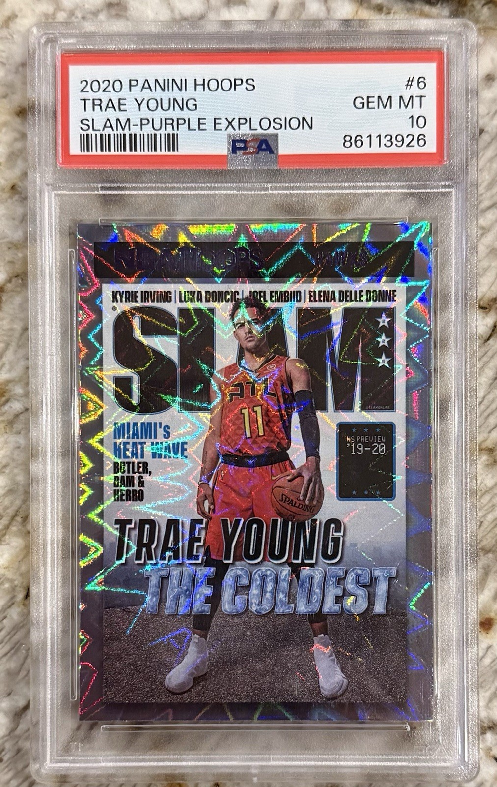 2020-21 Panini NBA Hoops Trae Young Slam Purple Explosion PSA 10