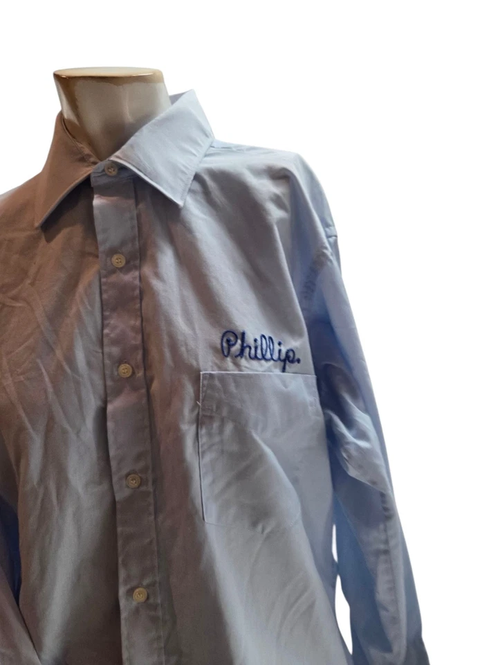 Van Huesen Men's Shirt 16/33 Vintage 1970s Blue Chain Stitch Bass Phillip Morris - Image 2 of 4