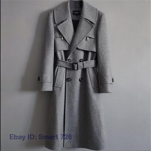 Mens long real 100% wool jacket British style trench Lapel belt on coat overcoat - Picture 2 of 14