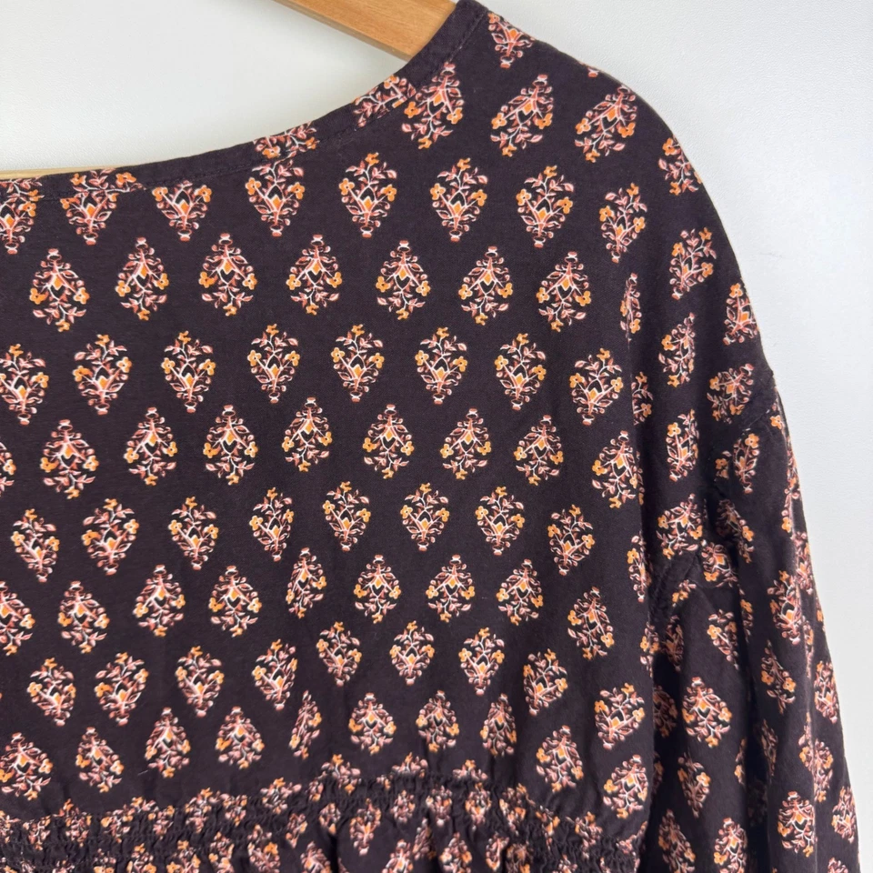 Antigua Blusa Poeta Azul Marino Manga Larga Estampada Calada 4X Marrón Boho Floral Campesina Foto 4 de 4