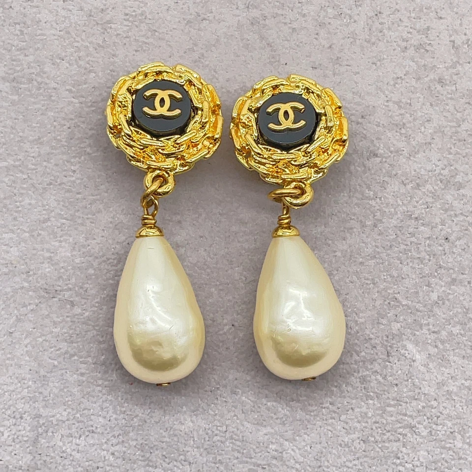 Auth CHANEL 95A Coco Mark Pearl Drop Gold Black 31.76g Earrings W/B/D SK100554 - Image 3 of 4