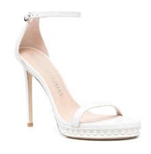 Stuart Weitzman Nudistdisco White Leather Pearl Trim Stiletto Sandals US 8.5 NEW