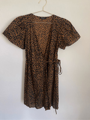 MADEWELL Flutter-Sleeve Wrap Mini Dress in Painted Leopard Size Medium
