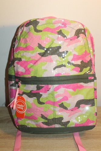 NUEVO CON ETIQUETAS Wonder Nation Rosa Camuflaje Lentejuelas 17" Mochila Escuela Libro Bolso de Mano Tamaño Completo - Imagen 2 de 6