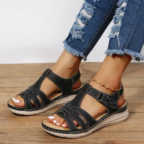 Sandalias de cuña ortopédicas informales de verano para damas Zapatos cómodos con punta abierta plana - Imagen 3 de 22