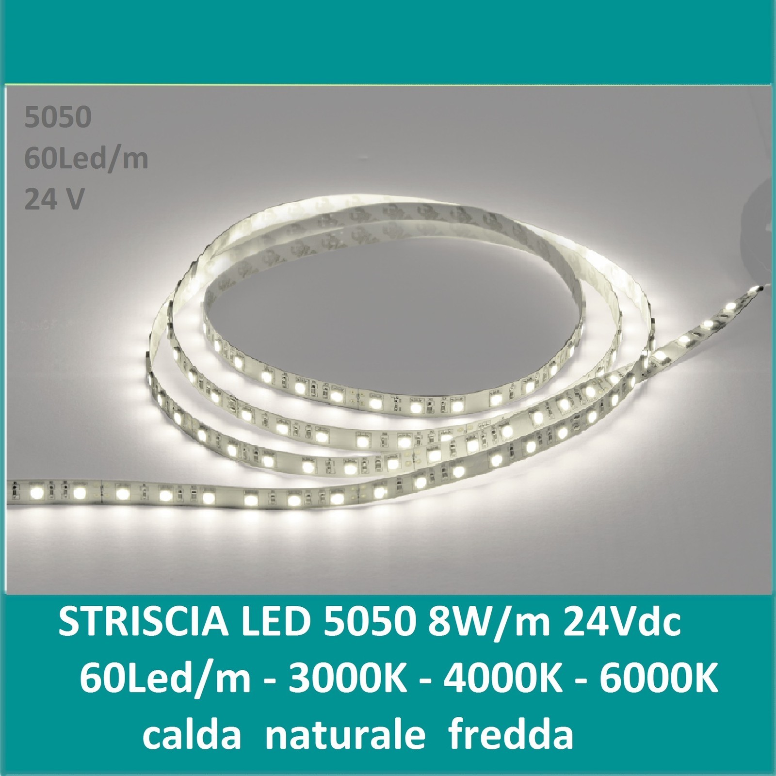 STRISCE LED 5050 ALTA LUMINOSITA' STRIP LED 24V  8W/metro IP20-IP65 60LED/metro