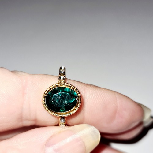Green Emerald Colour Rhinestone Gold Plated Ring Size P (#71) - Picture 2 of 3