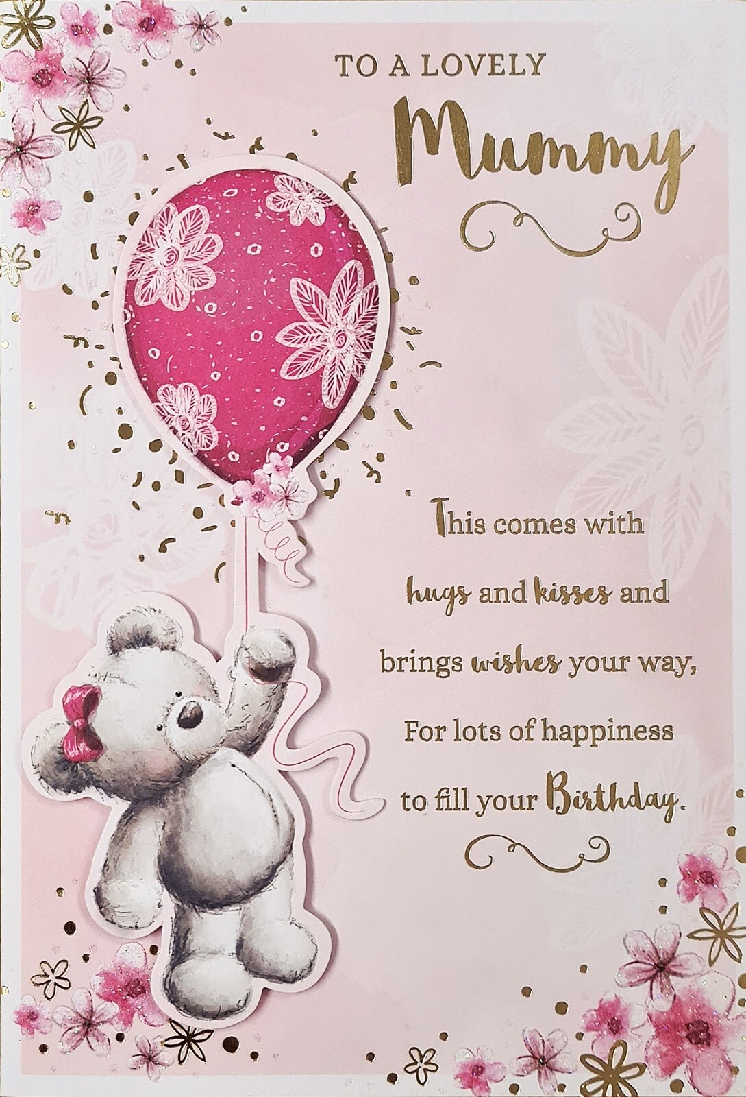 Happy Birthday Card - Lovely Mummy - Hugs and Kisses - Cute Bear with Balloon