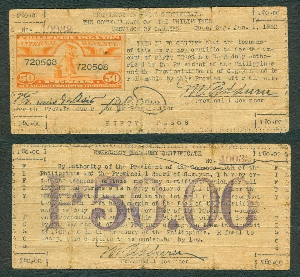 50 Pesos Philippine CAGAYAN w/ Revenue Stamp WW2 Guerrilla Emergency Banknote - Image 4 of 4