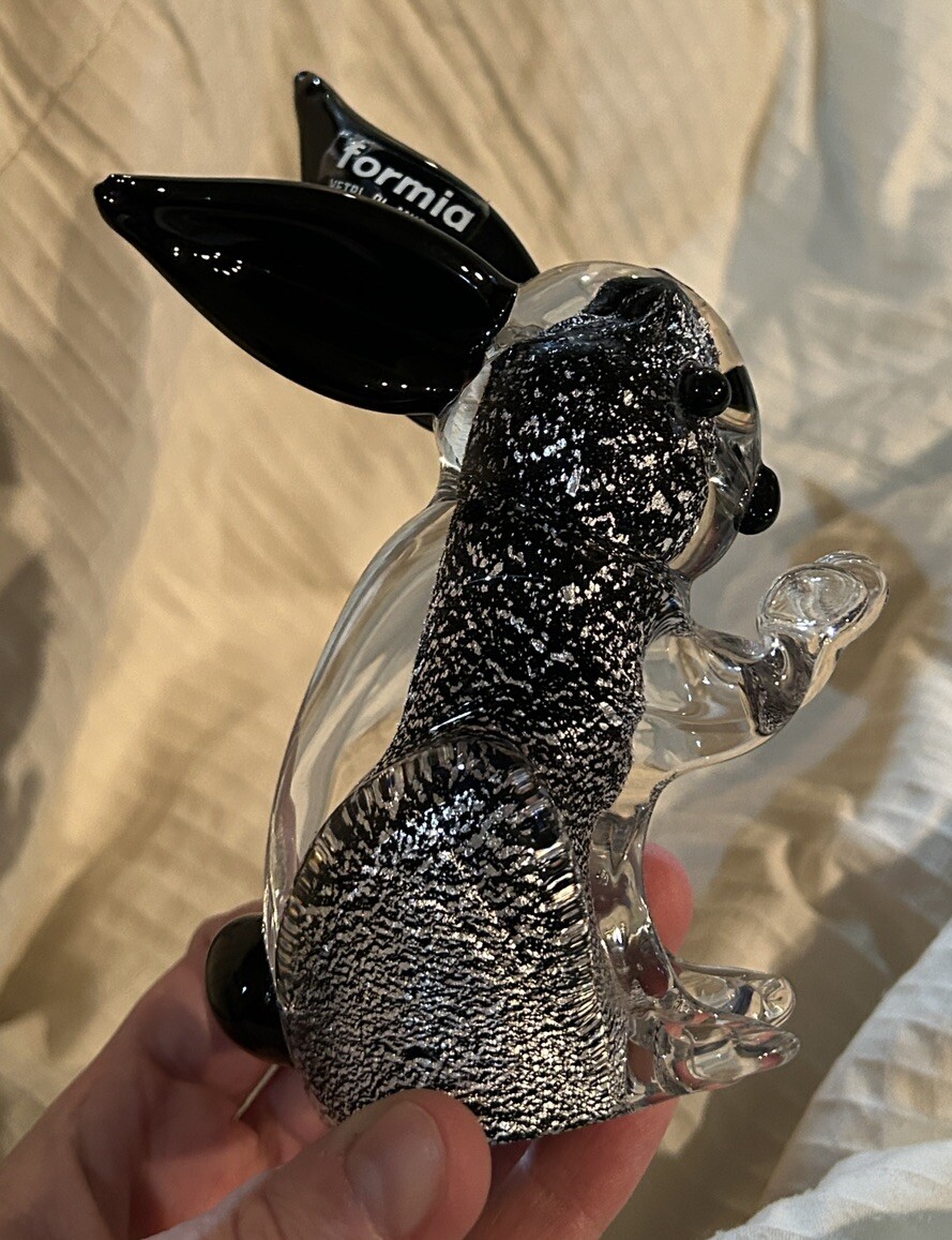 Vtg Clear Black Formia Vetri Di Murano bunny rabbit w/ silver leaf
