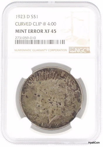 1923-D Curved Clip @4:00 Peace Silver Dollar $1 NGC XF45 Mint Error