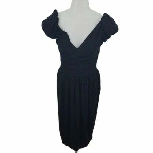 Charles Nolan dress black ruched v-neck wrap S cap sleeve lbd a-line Size s