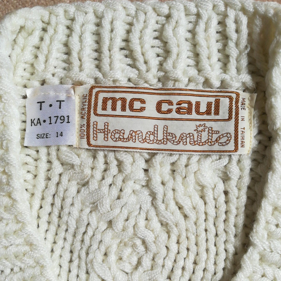 Ladies Vintage Size 12/14 Cream Cable Knit V Neck Jumper MC Caul