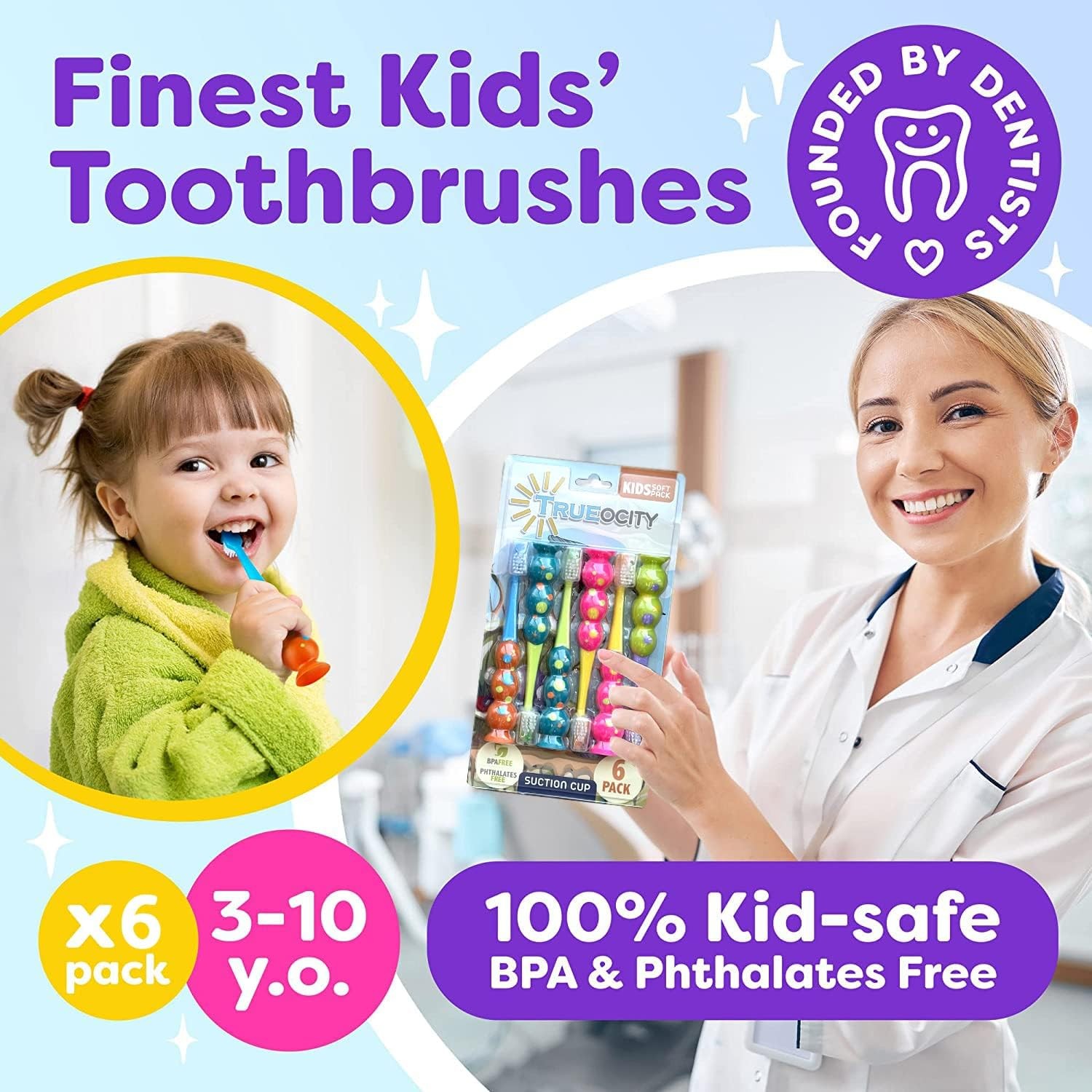 Trueocity Kids Toothbrush 6 Pack - Soft 1 Count (Pack of 6), Multi-color 