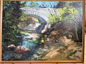 Large Colorful '69 Oil Painting by Honduran Carlos GARAY Stone Arch Bridge River