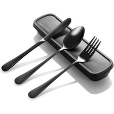 Travel Utensils with Case, 4-Piece Stainless Steel Set, Black Reusable fork,