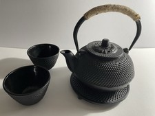 Cast Iron Japanese Tea Pot on stand With Two Cups , in Black with Strainer