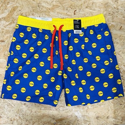 LIDL Neuheit Badeshorts Herren blau gelb rot Allover Logo Print Schwimmen Gr. L/6