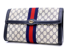 Gucci Vintage Clutch Handbag Purse GG Supreme Sherry Flap Navy Large Authentic