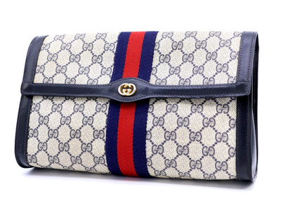 GUCCI VINTAGE Ophidia Clutch Bag Web Stripe Flap Navy Classic Authentic